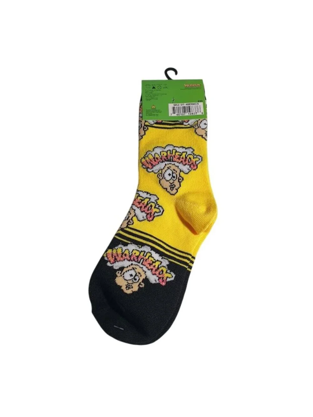 Warheads Kids 7 to10 Crew Socks Bright Yellow Black Sour Candy Logo Pattern Gift